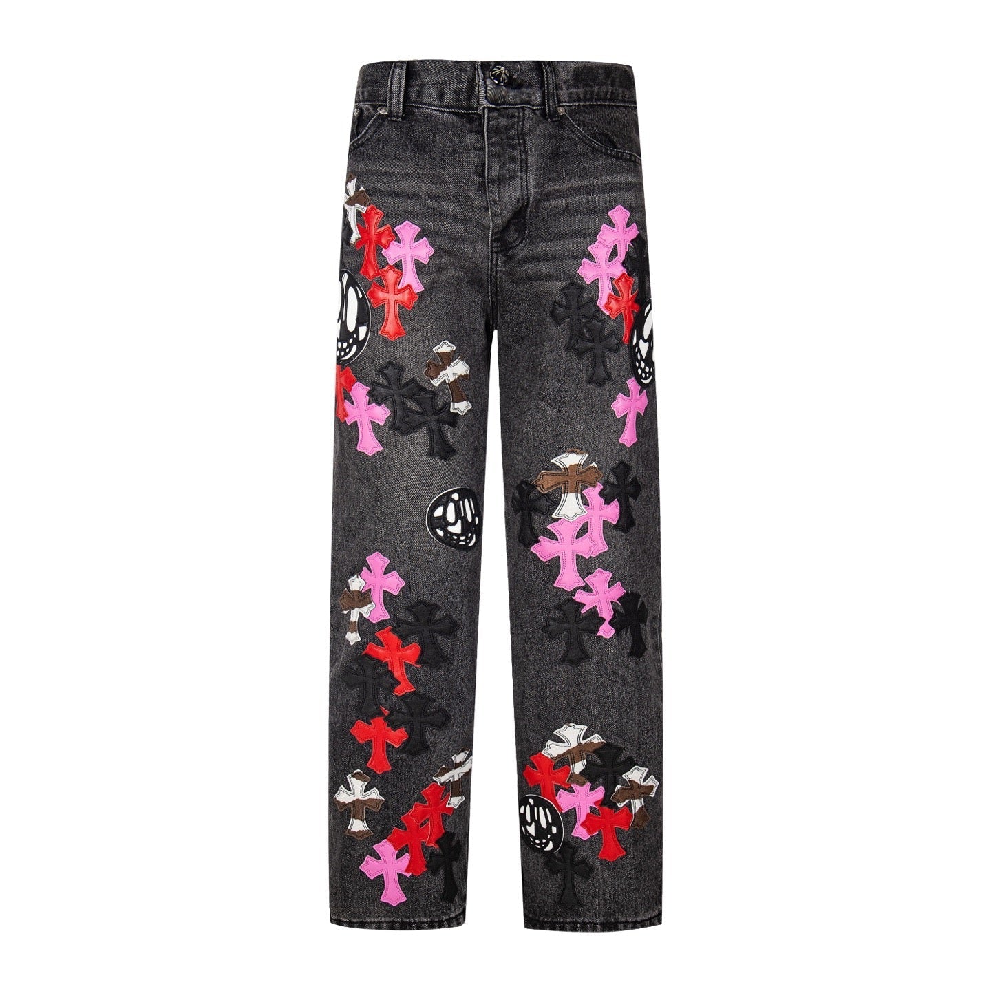 Chrome Hearts マルチクロスパッチ デニムジーンズ - グレー ゴシック ストリートパンツ 1111 