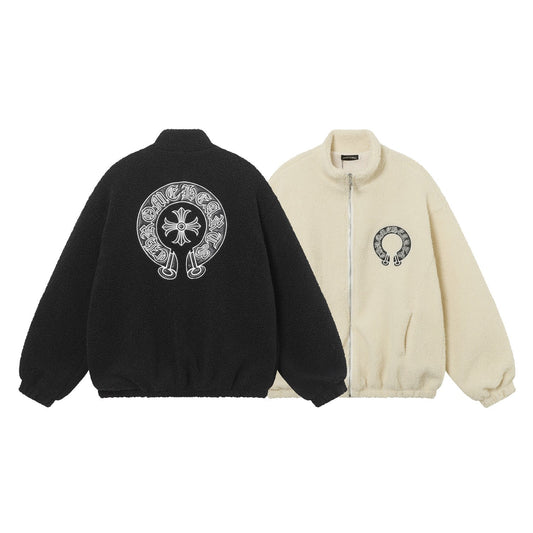 Chrome Hearts ホースシュー刺繍シェルパジャケット - ブラッククリームゴシックコート 825 