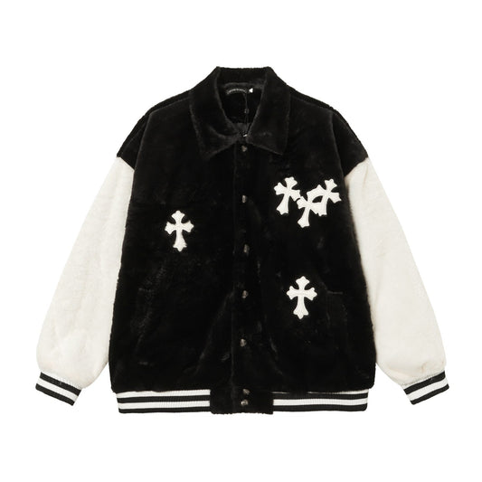Chrome Hearts フェイクファー クロス バーシティジャケット - ブラック ホワイト ゴシック ストリートウェア 035 